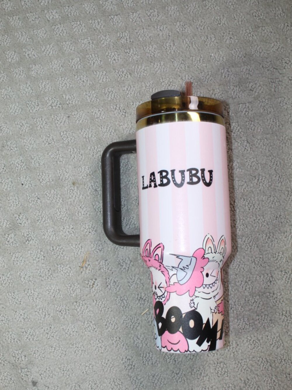Stanley 40 oz Pink White Striped Labubu Vacuum Sealed Stainless Steel Travel Mug
